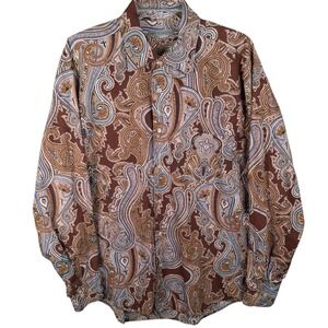 Martin Gordon Men's XL Paisley Button Down Shirt Brown 100% Cotton Long Sleeve
